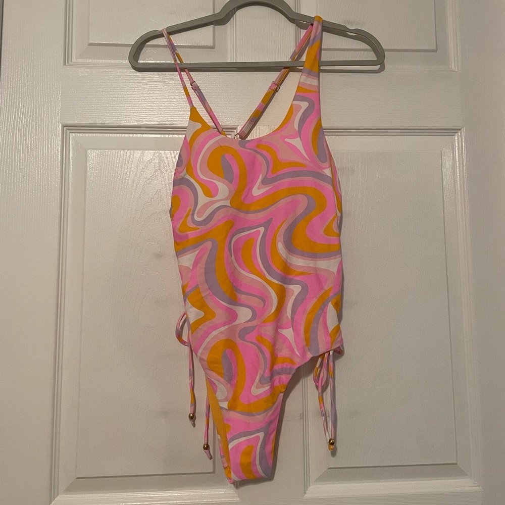 Pink Orange Swirl One-Piece Swimsuit w Racerback, Adjustable Straps & Hip Ties